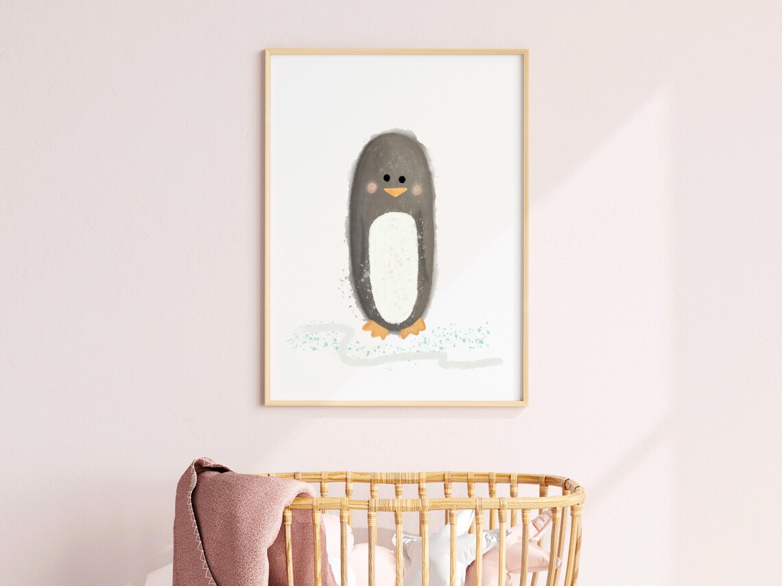 Cute Gray Baby Penguin Watercolor Winter Arctic Nursery Wall Art - Image 3