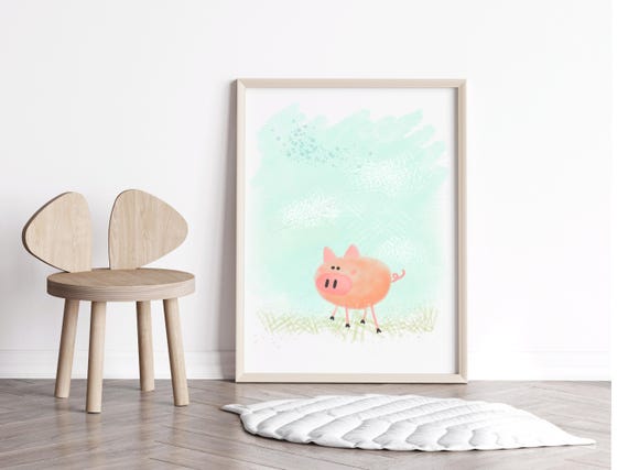 Farm Prints Boys Room Pig Wall Art Nursery Deco Sketch Animal Theme Decor Baby