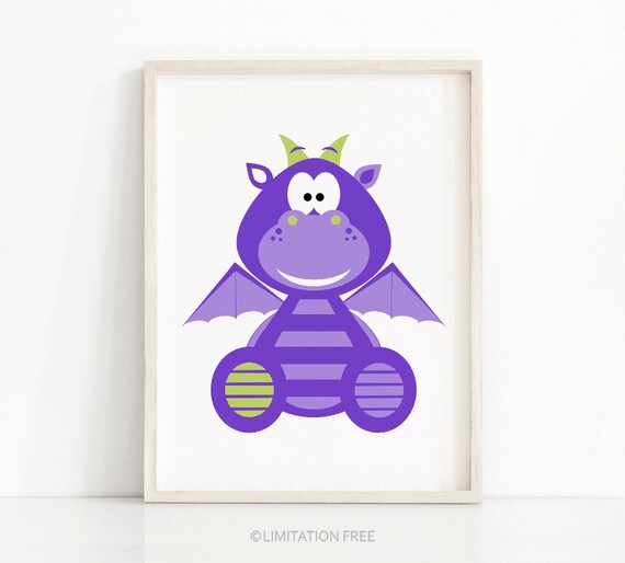 Cute Purple Cartoon Dragon Baby Nursery Wall Poster Kids Room Decor
