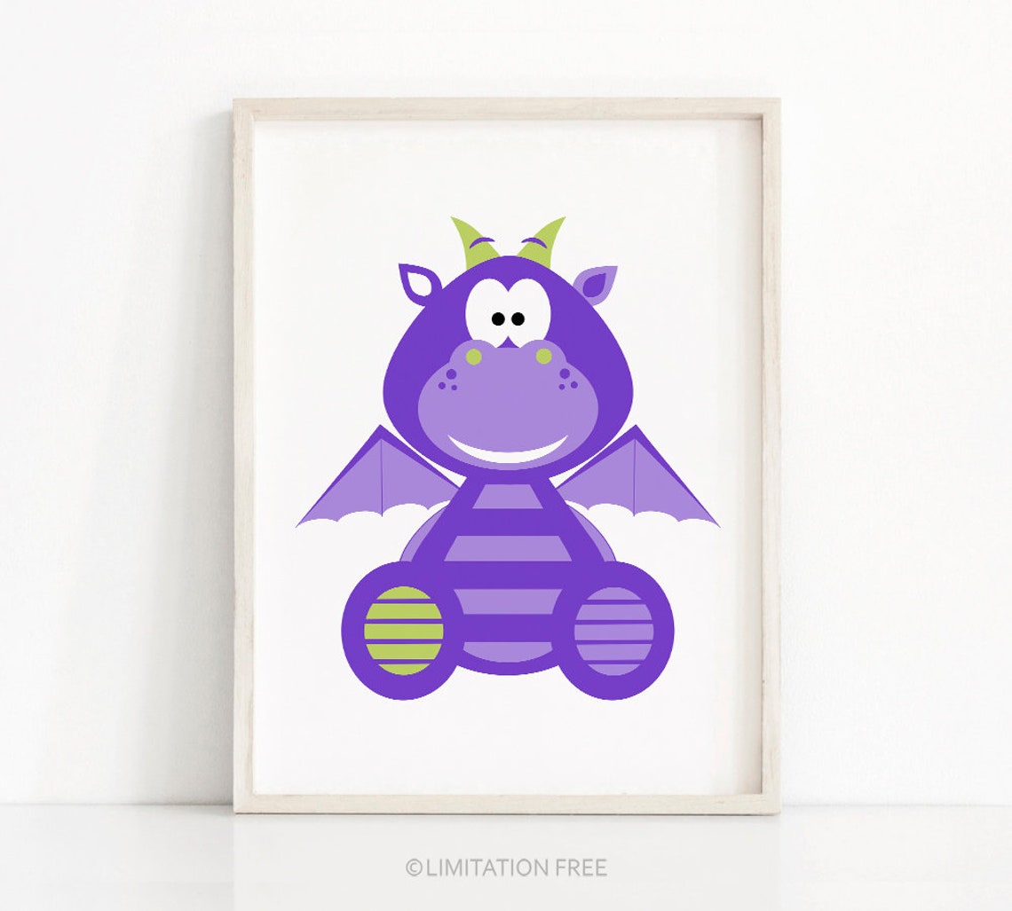 Cute Purple Cartoon Dragon Baby Nursery Wall Poster Kids Room Decor