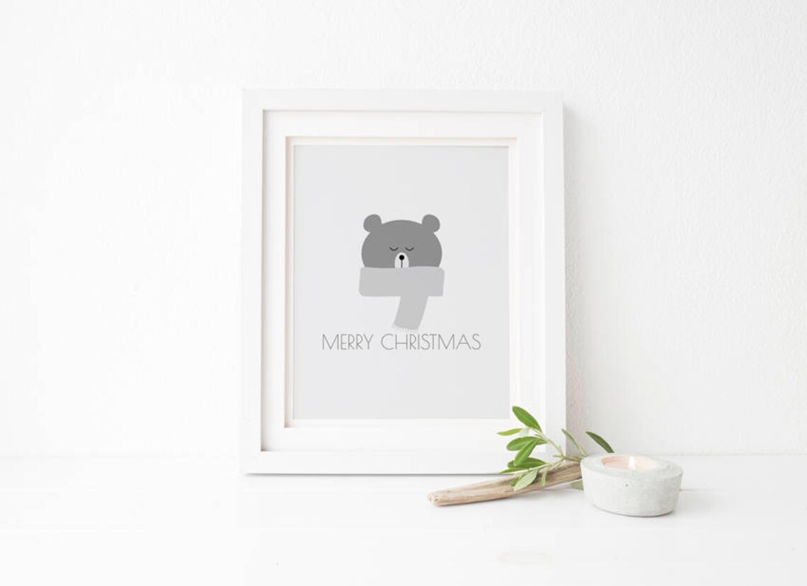 Sleepy Gray Bear With Scarf Merry Christmas Minimalist Kids Print
