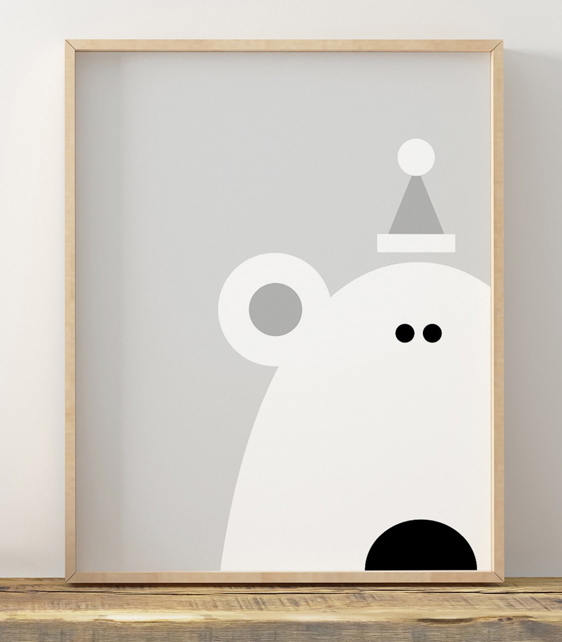 Minimalist White Polar Bear With Party Hat Gray Winter Nursery Print - Image 2