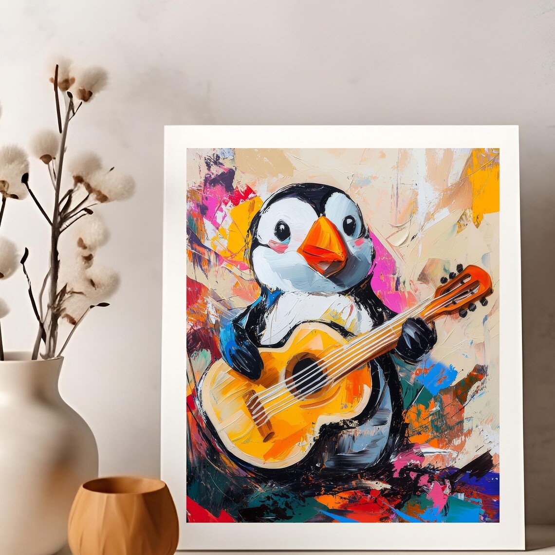 Funny Penguin Playing Guitar, Abstract Coastal Poster