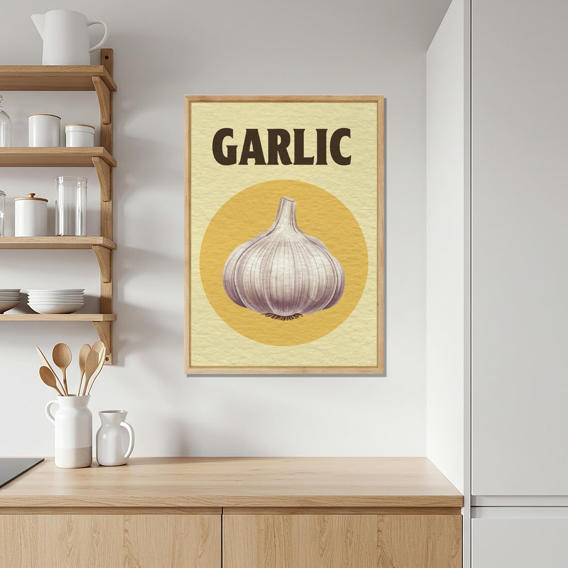 Retro Garlic Bulb On Gold Circle Vintage Farmhouse Kitchen Wall Art