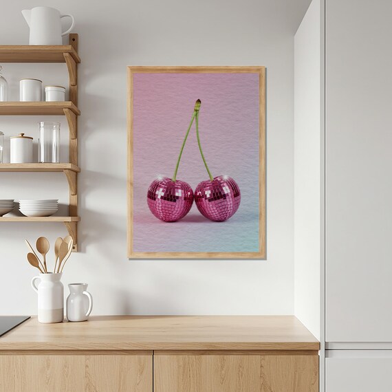 Pink Mirrorball Cherry Disco Balls Funky Retro Pop Party Art Poster