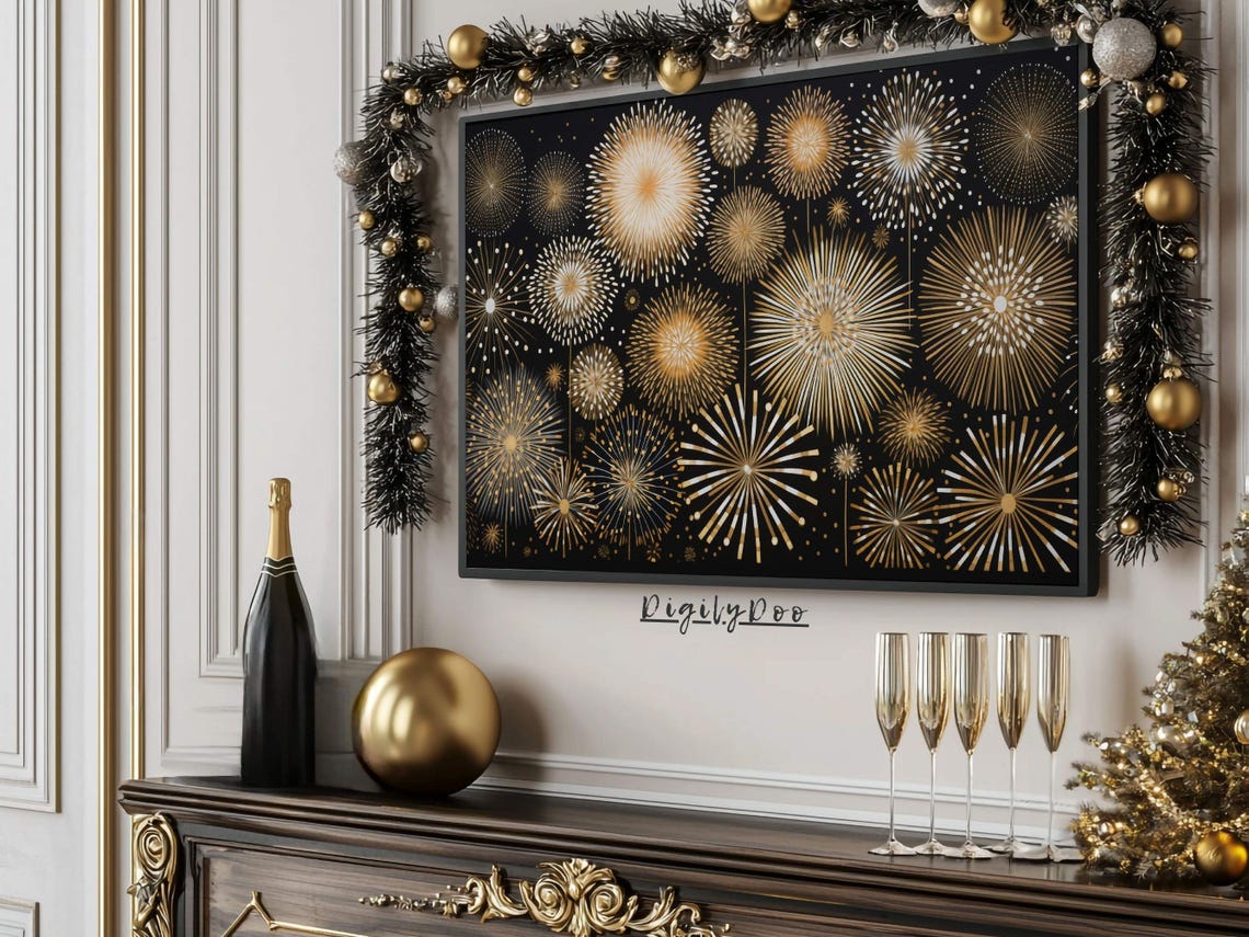Golden Fireworks Black Background Celebration Pattern Wall Art - Image 3