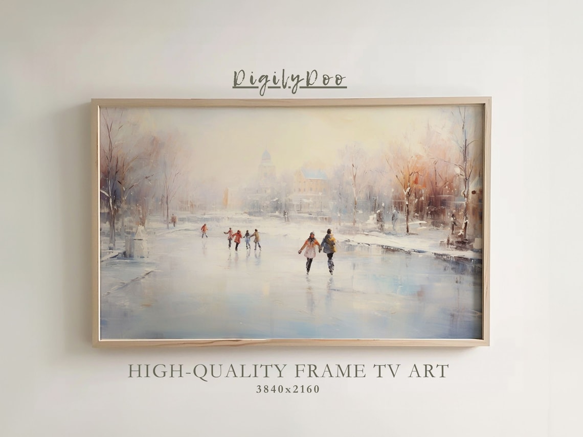 Winter Ice Skating Pond Snowy Park Impressionist Vintage Poster