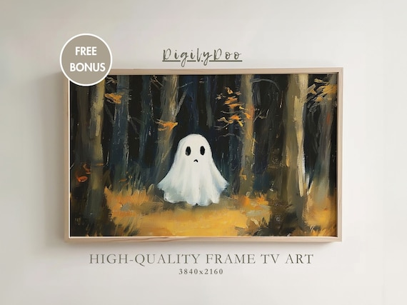 Halloween Frame Tv Art Cute Ghost In Woods Painting Spooky Fall Decor Moody Wallpaper Dark Academia Screensaver Autumn