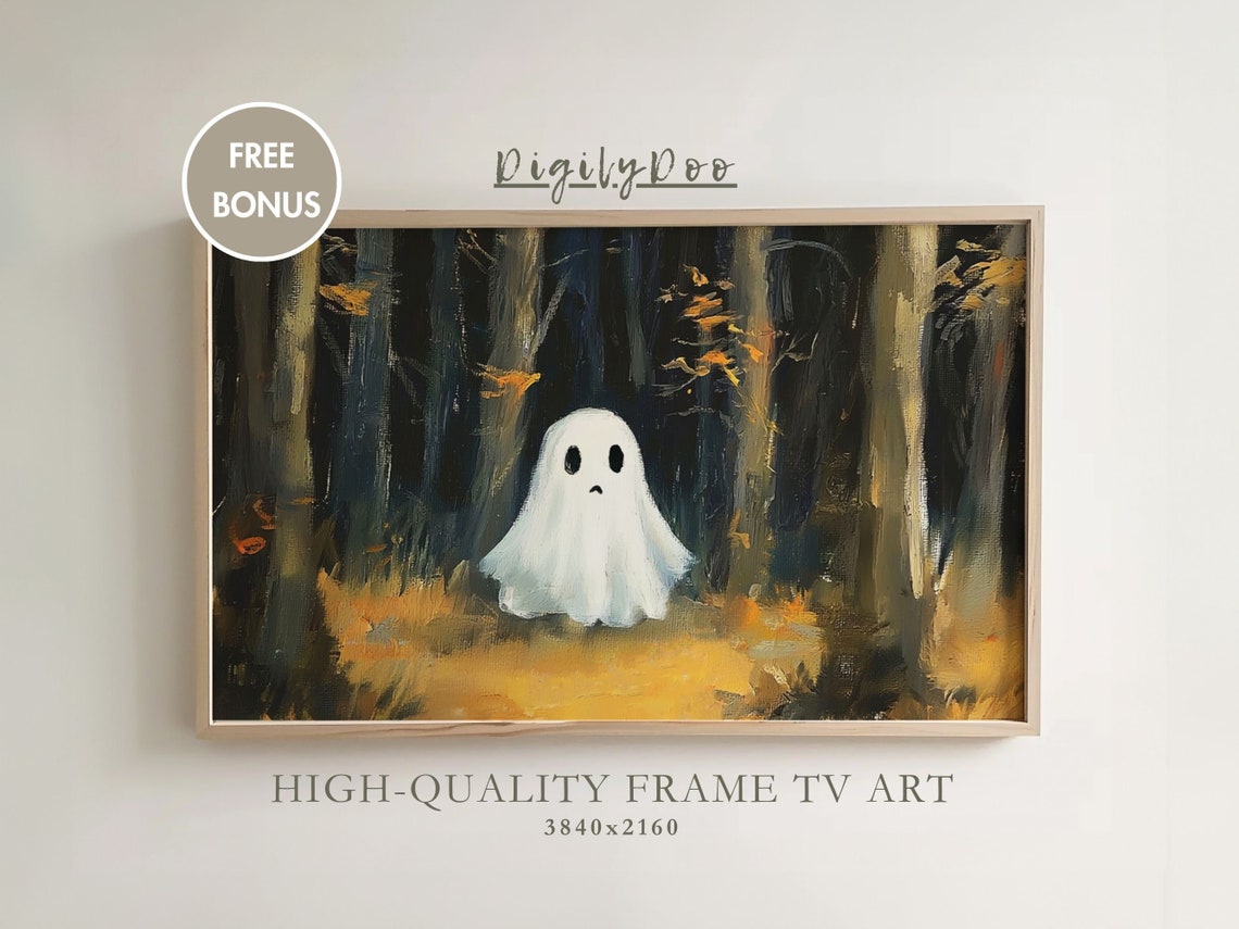 Cute Lonely Ghost in Dark Autumn Forest Halloween Frame TV Print