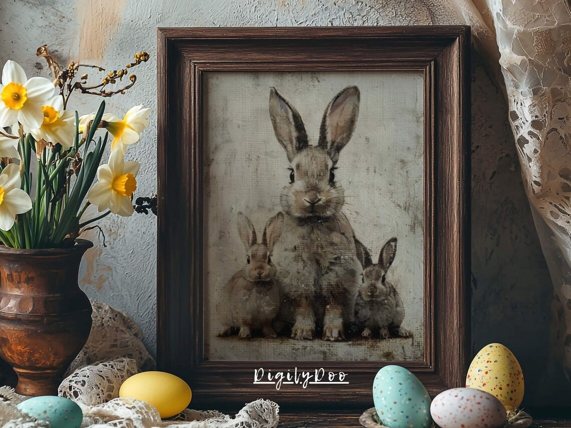Rustic Cute Easter Bunny Art Print, Vintage Rabbit