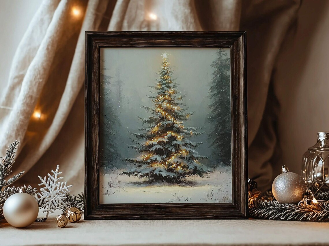 Vintage Christmas Tree Art Print, Neutral Evergreen - Image 2