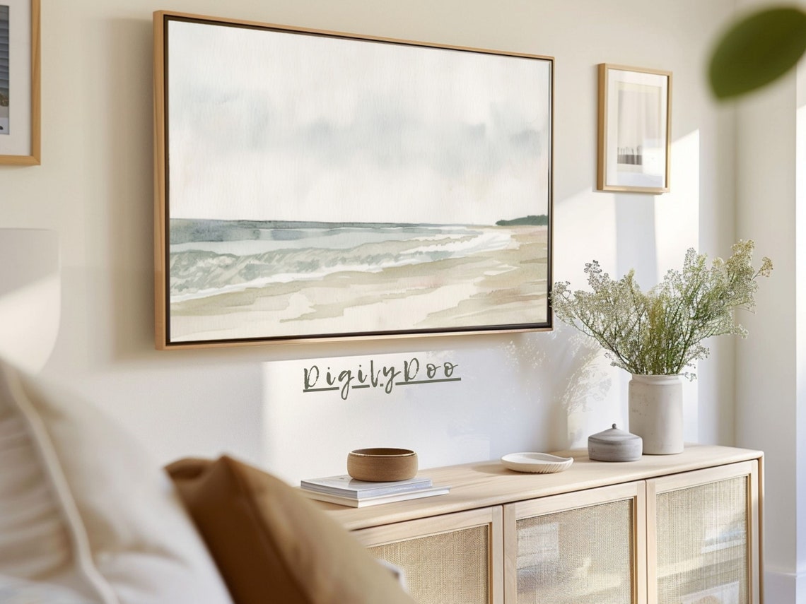 Pale Minimalist Watercolor Beach Calm Seascape Frame TV Print - Image 3