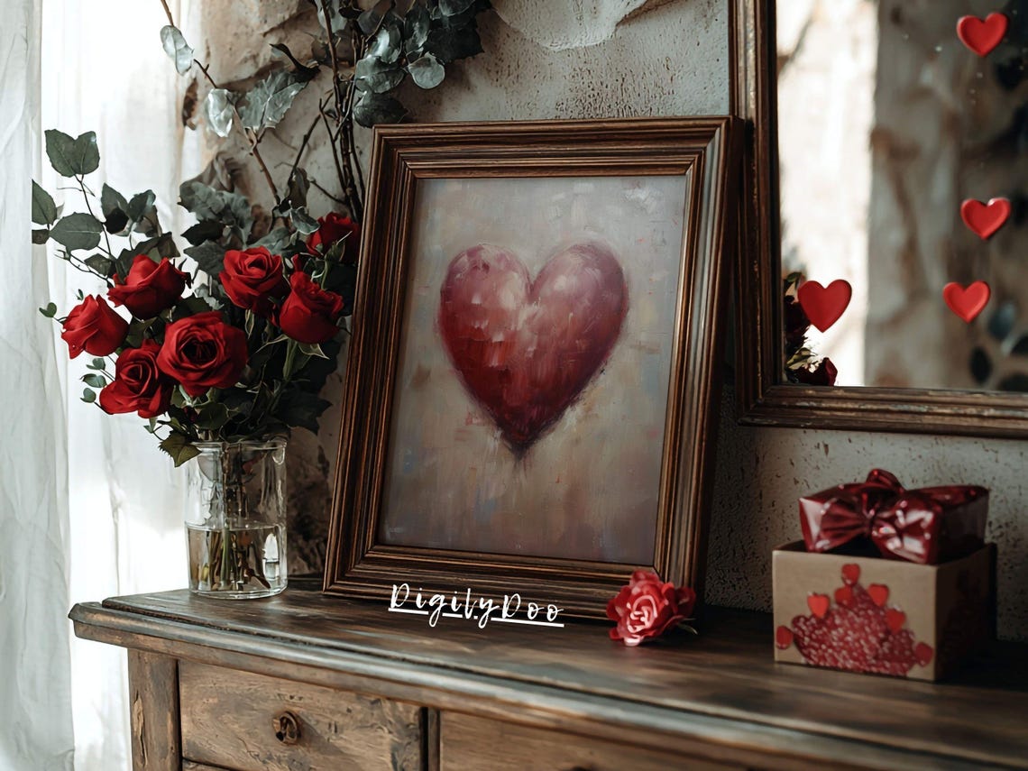 Painted Red Heart Gray Background Romantic Brushstroke Poster - Image 3
