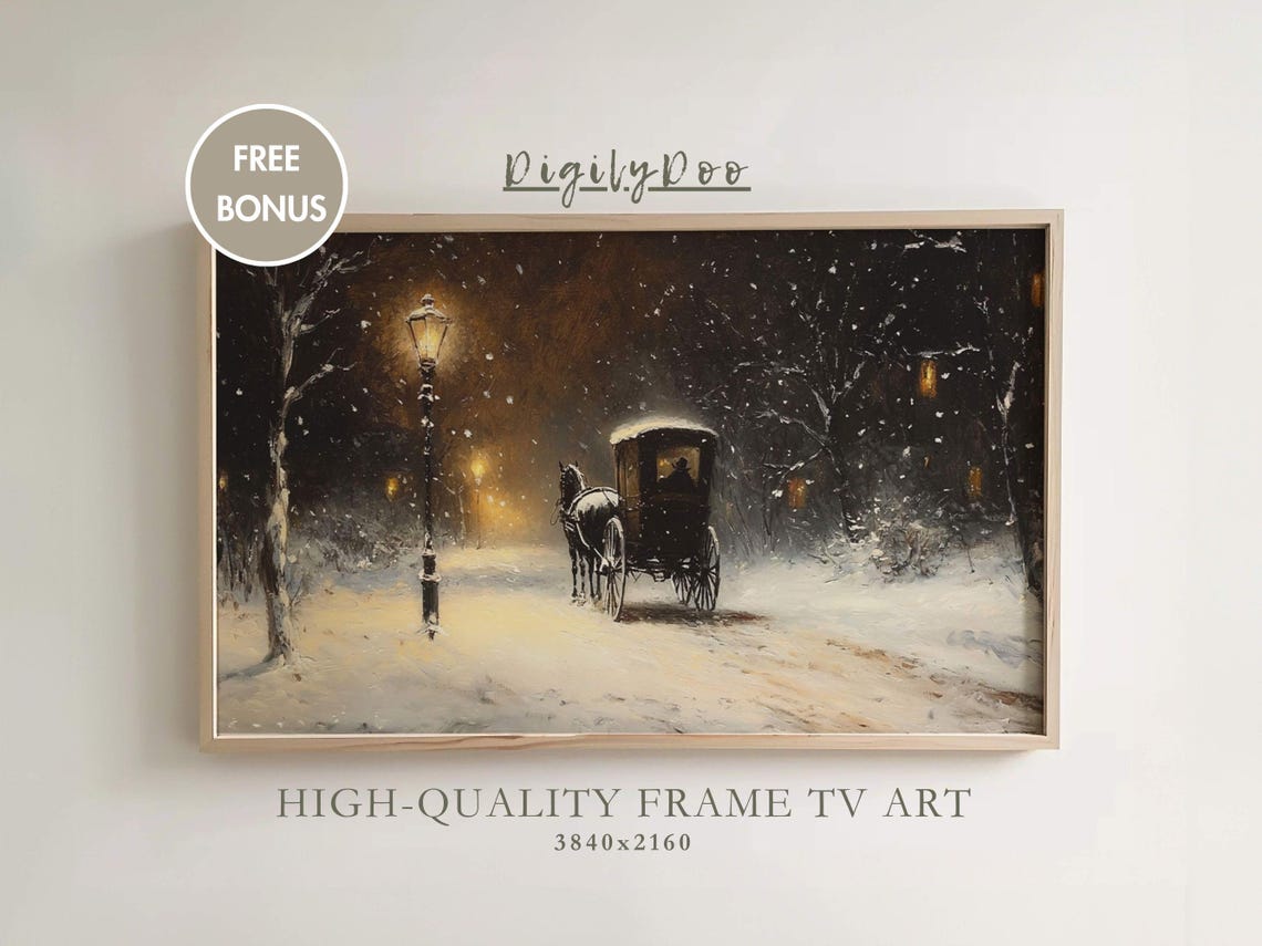 Vintage Winter Night Horse Drawn Carriage Snowy Street Poster