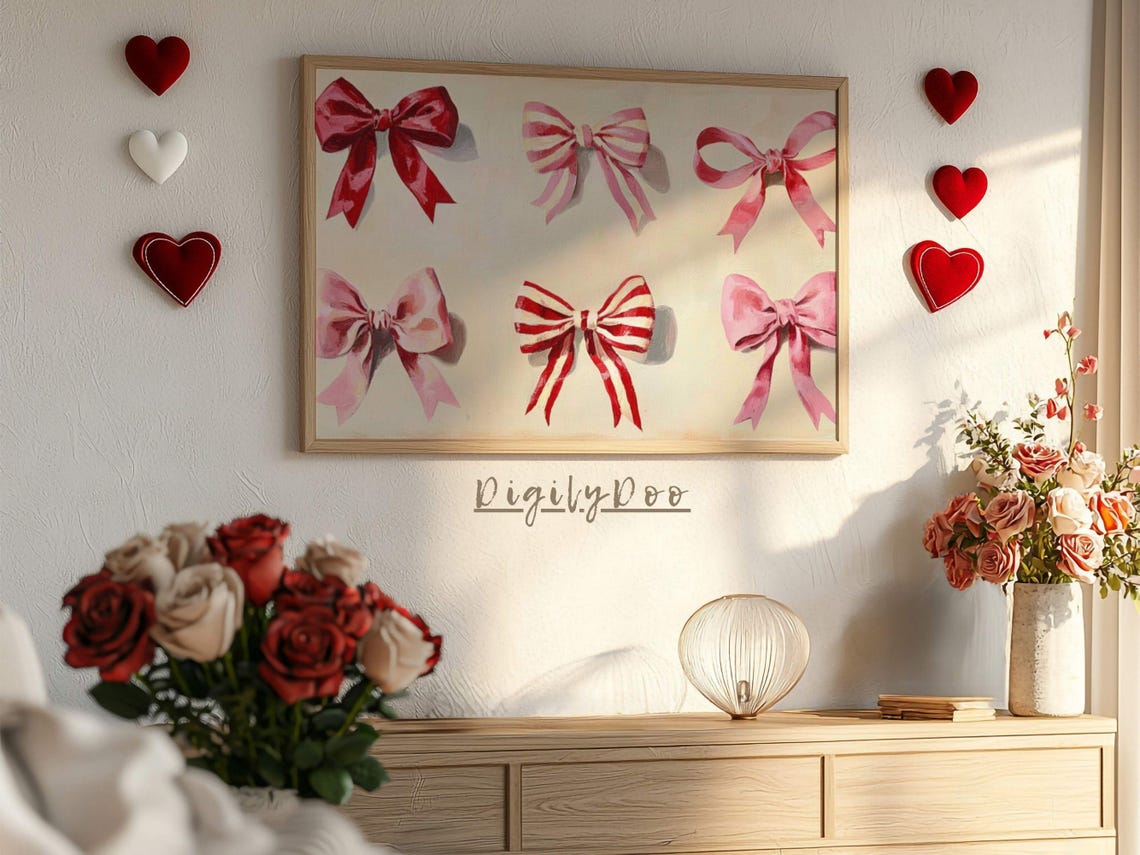Pink Red Ribbon Bows Painted Coquette Valentine Wall Art Print - Image 3