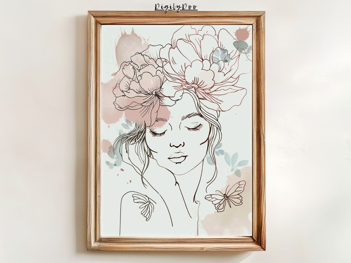 Woman Line Drawing Art Print, Minimalist Floral Hat