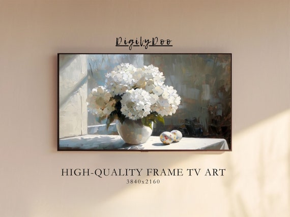 Easter Frame Tv Art Rustic White Hydrangeas Screen Tv Artwork Vintage Farmhouse Oil Painting Cottagecore Decor