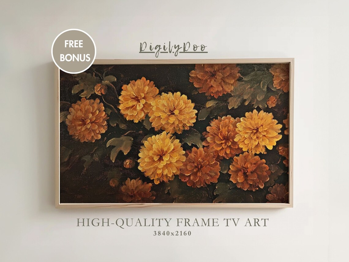 Golden Chrysanthemums Dark Moody Autumn Floral Frame TV Print