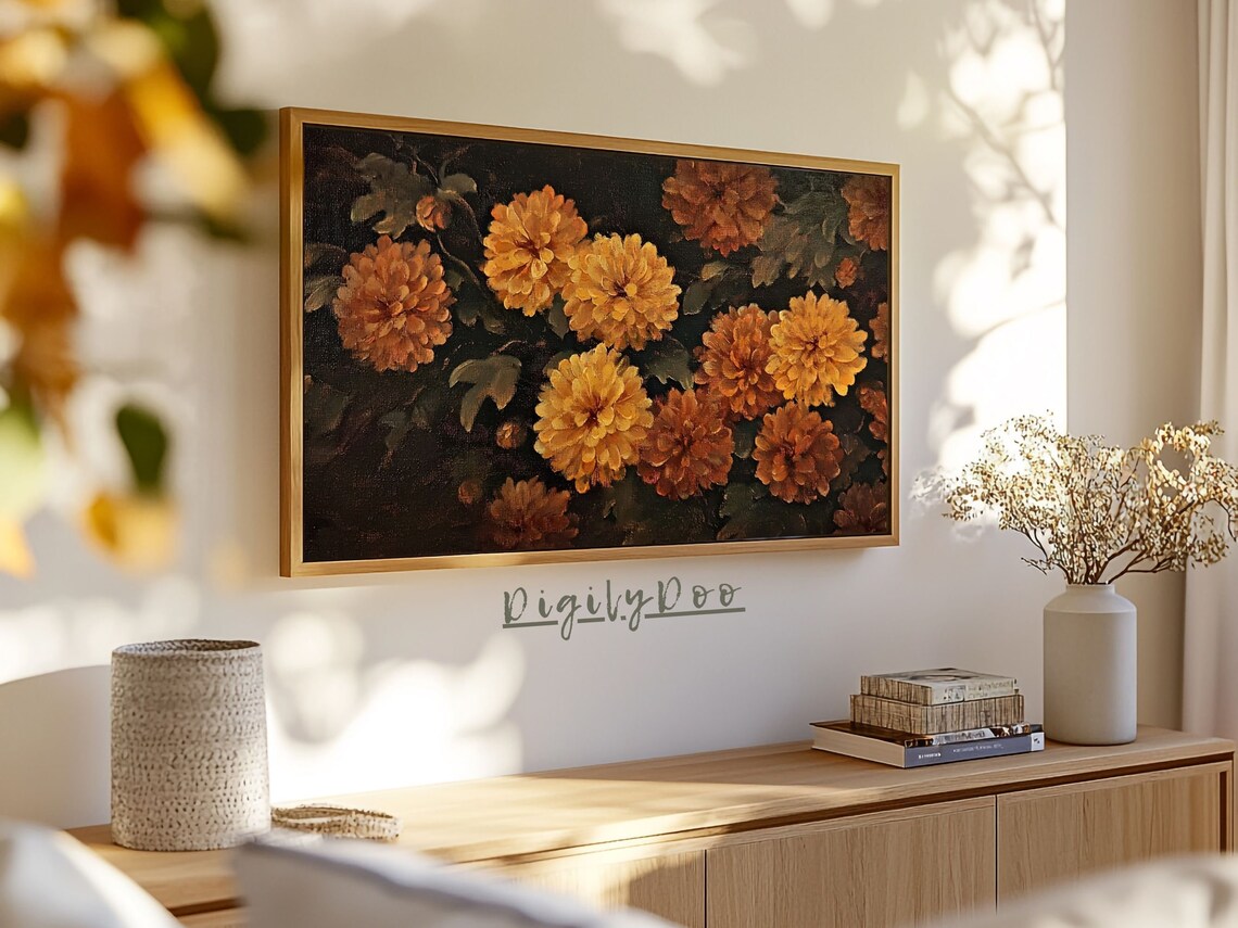 Golden Chrysanthemums Dark Moody Autumn Floral Frame TV Print - Image 3