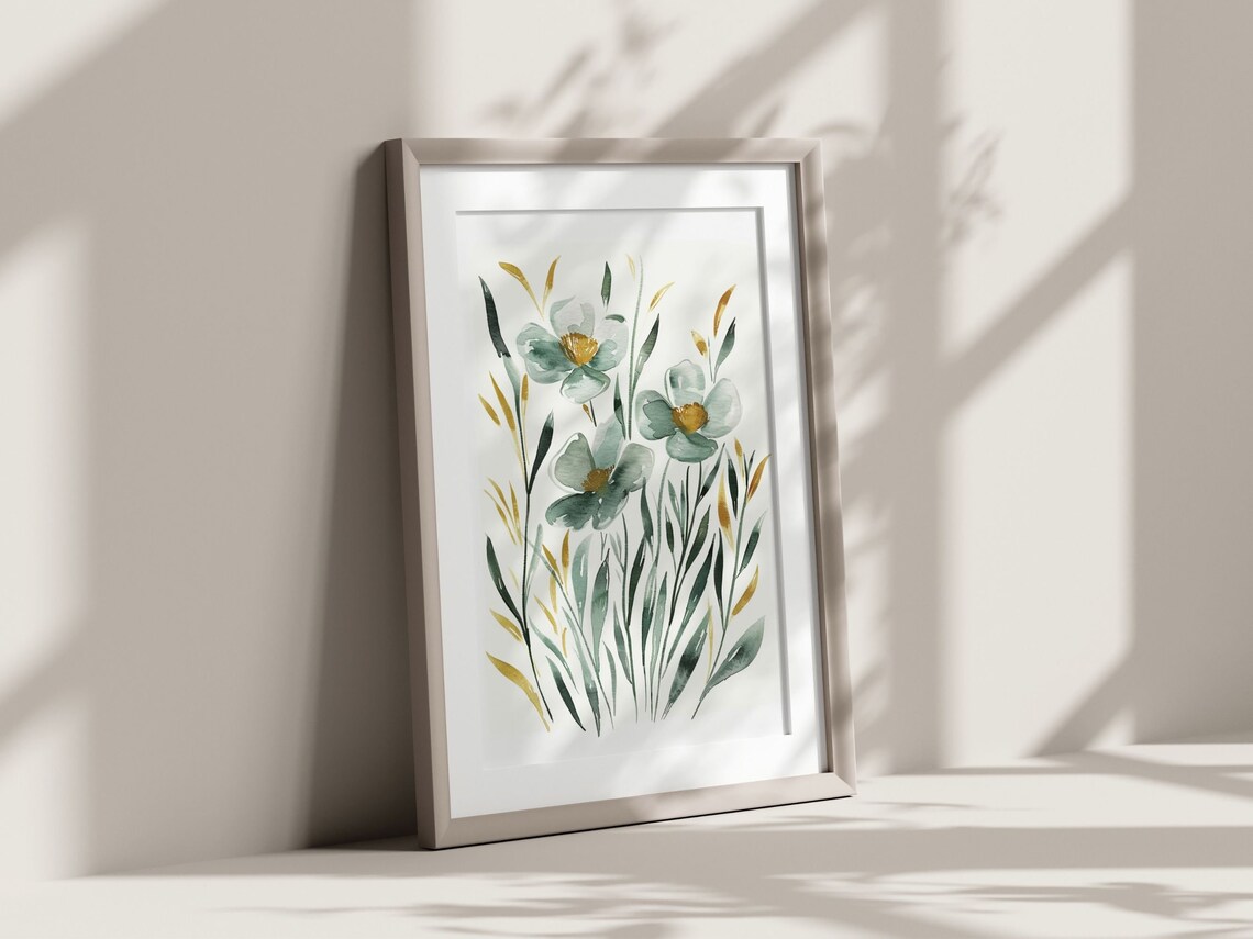 Sage Green Wildflowers Golden Centers Watercolor Botanical Print - Image 2