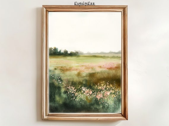 Spring Landscape Art Print, Vintage Cottagecore Decor