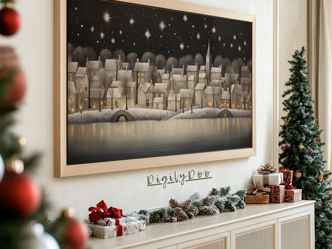 Starry Night Village Waterfront Monochrome Winter Skyline Poster - Image 3