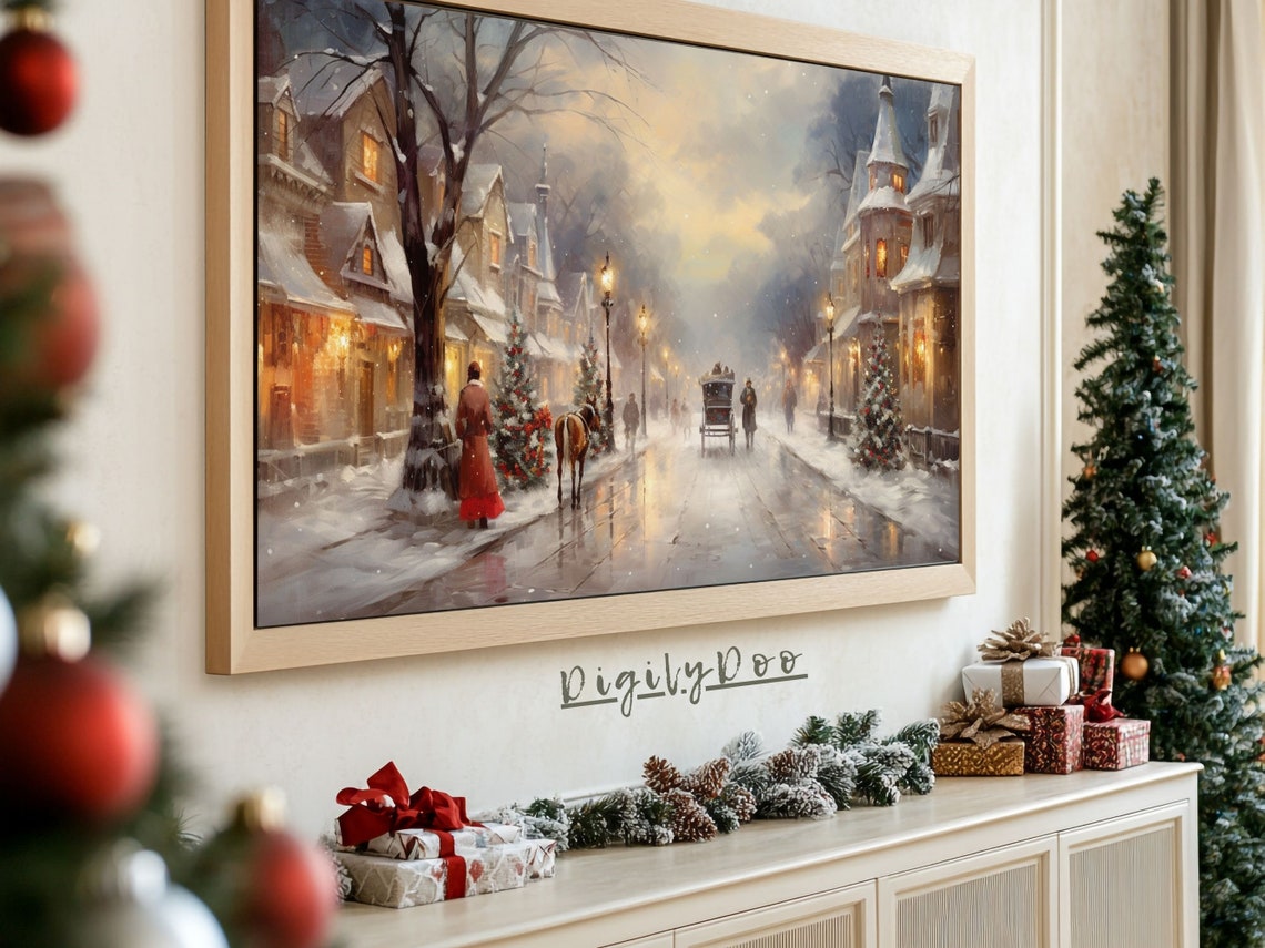 Christmas Frame Tv Art Vintage Christmas Street Evening Tv Artwork Screensaver Neutral Holiday Winter Village Landscape Painting - Image 3