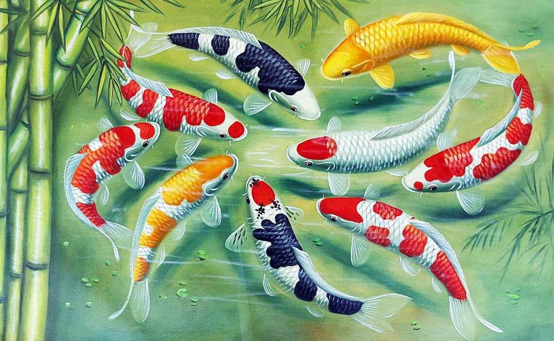Nine Koi Fish Painting, Tranquil Minimalist Style - Image 3
