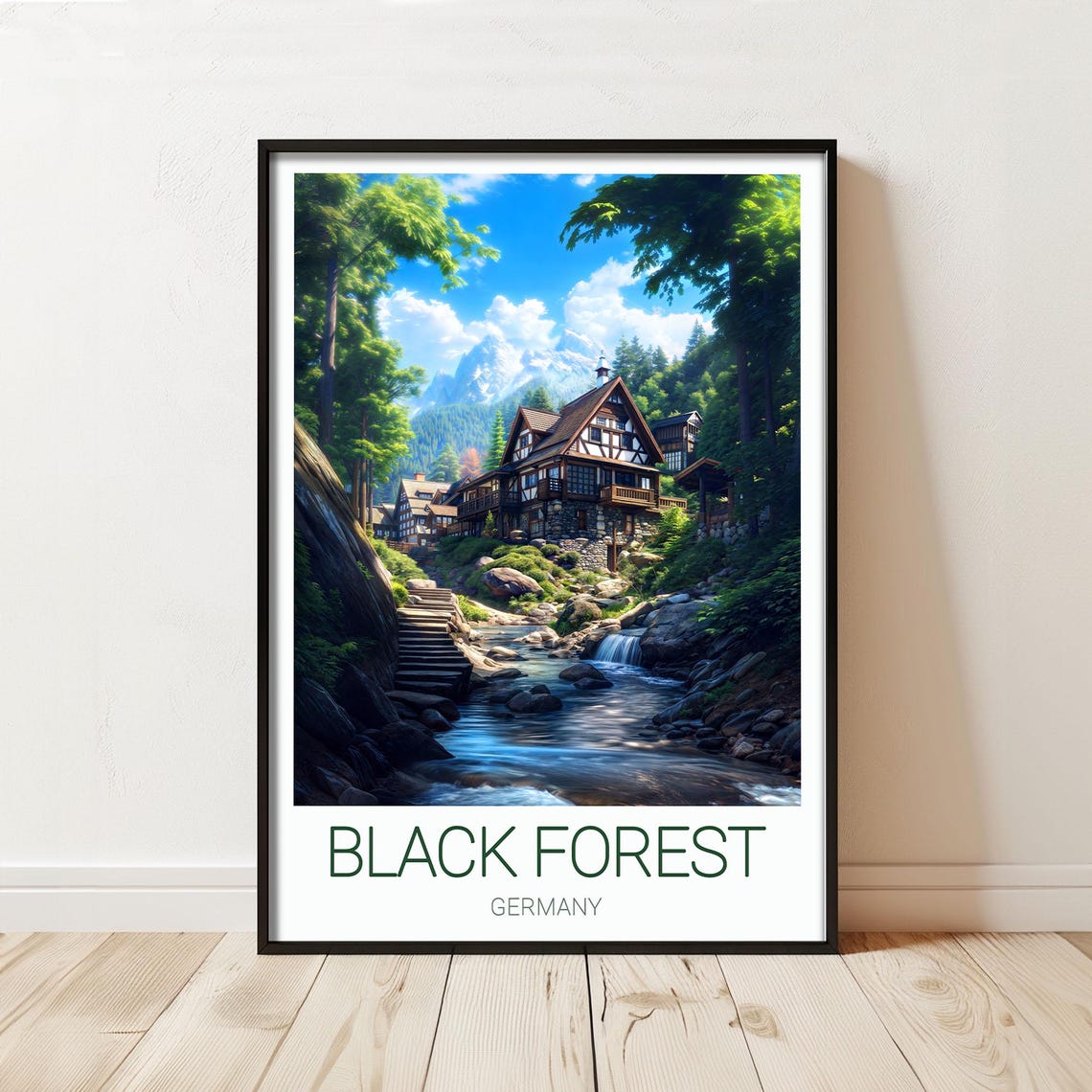 Black Forest Germany Village Stream Bottom Band Text Travel Poster