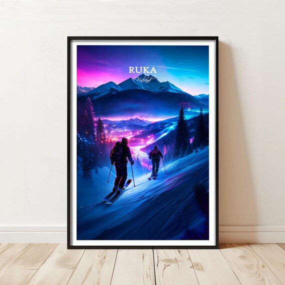 Ruka Finland Night Ski Poster With Neon Sky Over Snowy Peaks