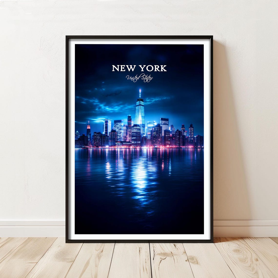New York Skyline Night Blue Lights Manhattan Cityscape Poster