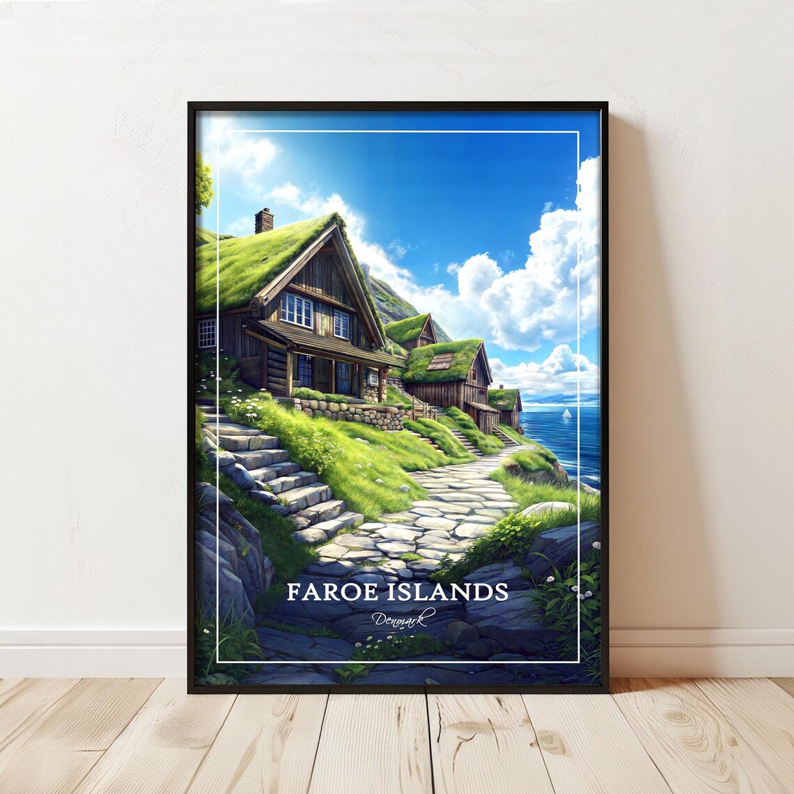 Faroe Islands Denmark Coastal Cottage Travel Poster White Border Design