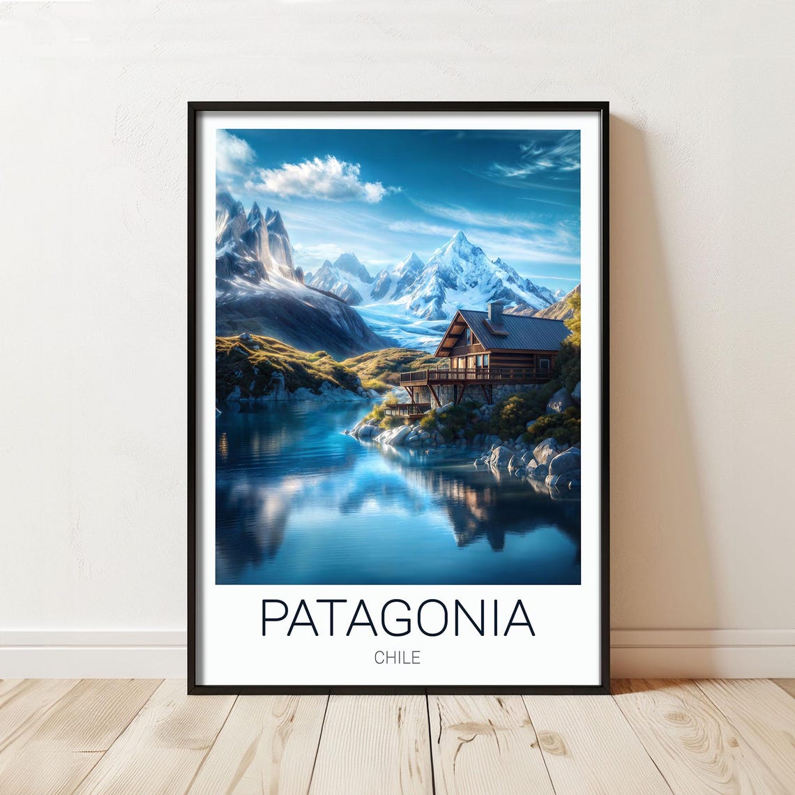 Patagonia Chile Lakeside Cabin With Snow Peak Reflection Travel Poster