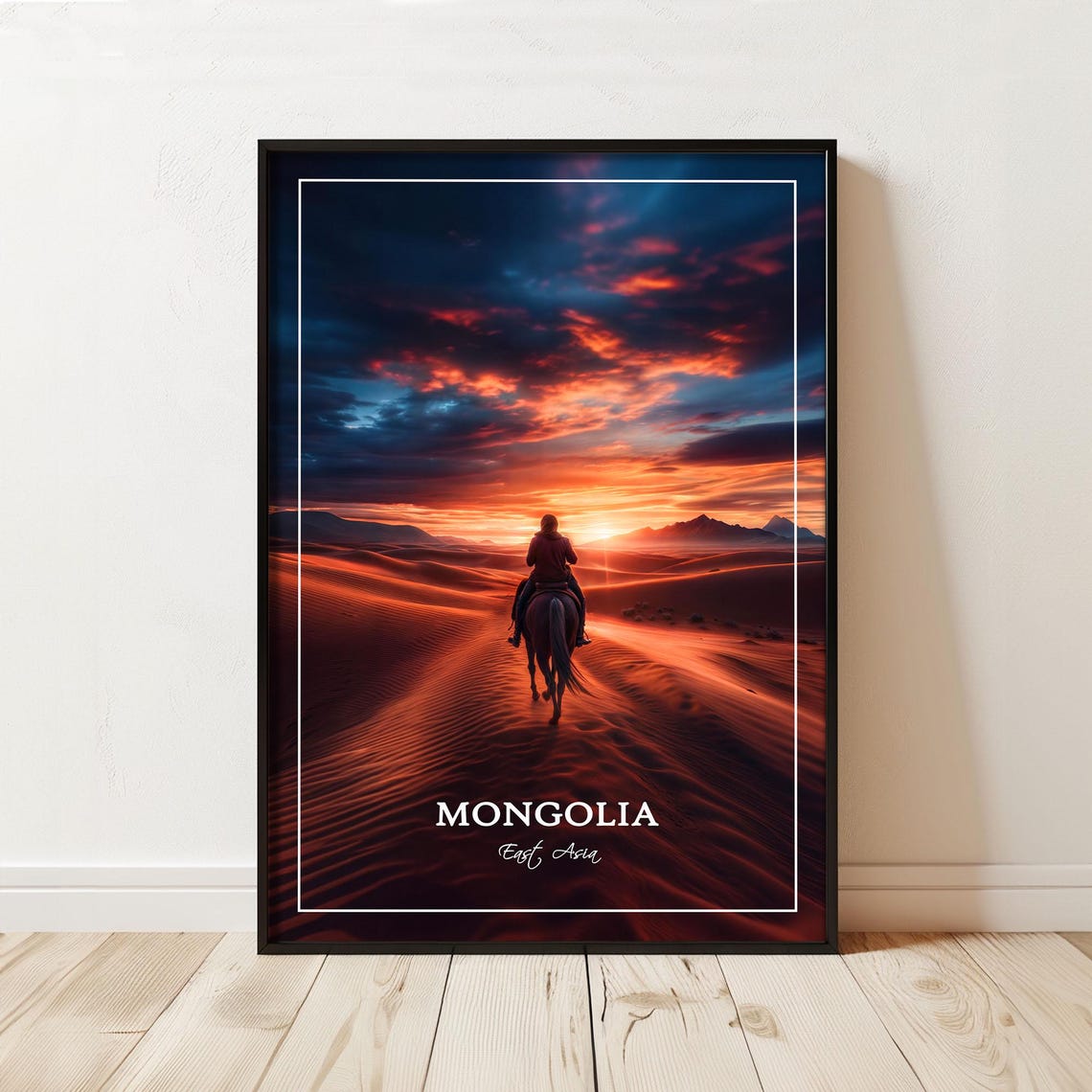 Mongolia East Asia Desert Sunset Rider Border Frame Travel Poster