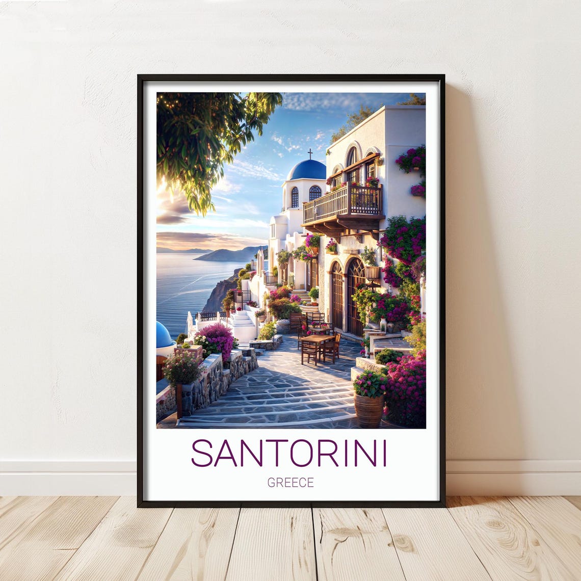 Santorini Greece Blue Dome Sunset Seascape Travel Art Poster