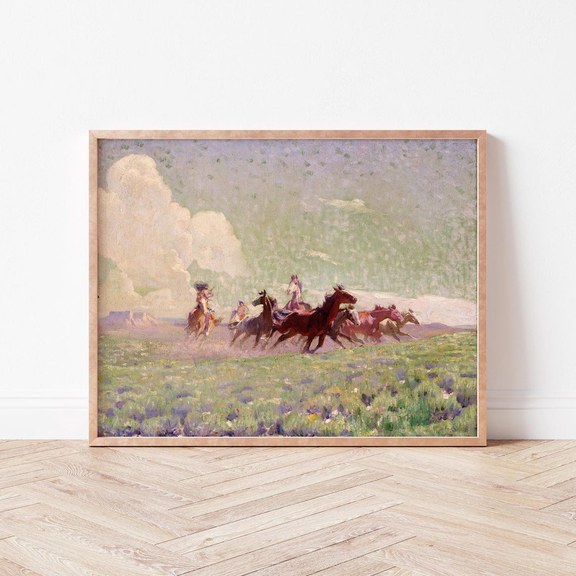 Wild Horses Stampede Western Prairie Vintage Painting Art Poster