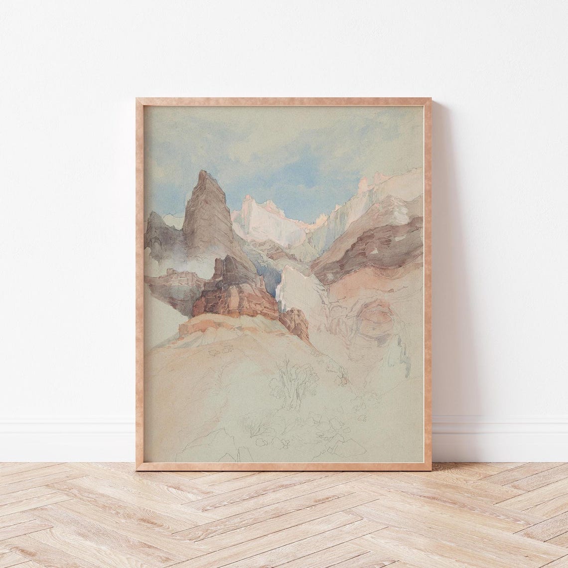 Misty Mountain Cliffs Soft Watercolor Landscape Painting Poster