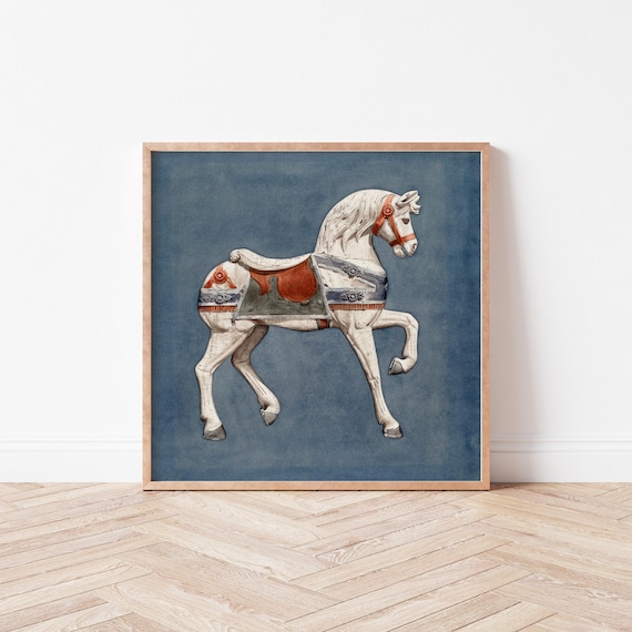 Vintage White Carousel Horse on Deep Blue Background Art Print