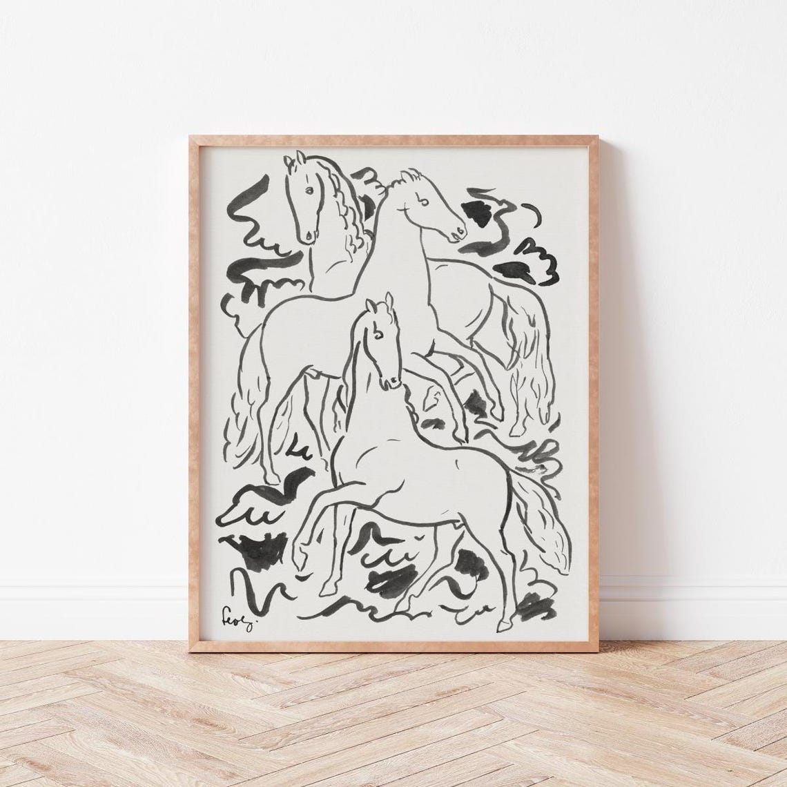 Three Galloping Horses Minimalist Black and White Ink Sketch Wall Art