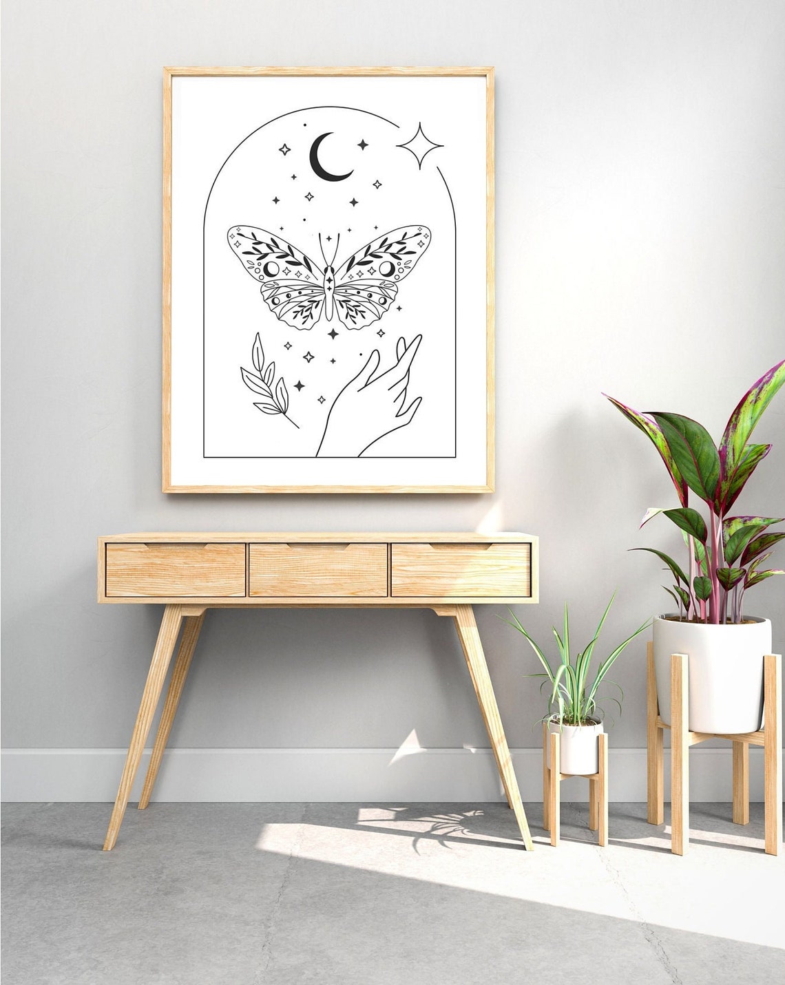 Celestial Butterfly Moon Stars Minimalist Black Line Art Poster - Image 2