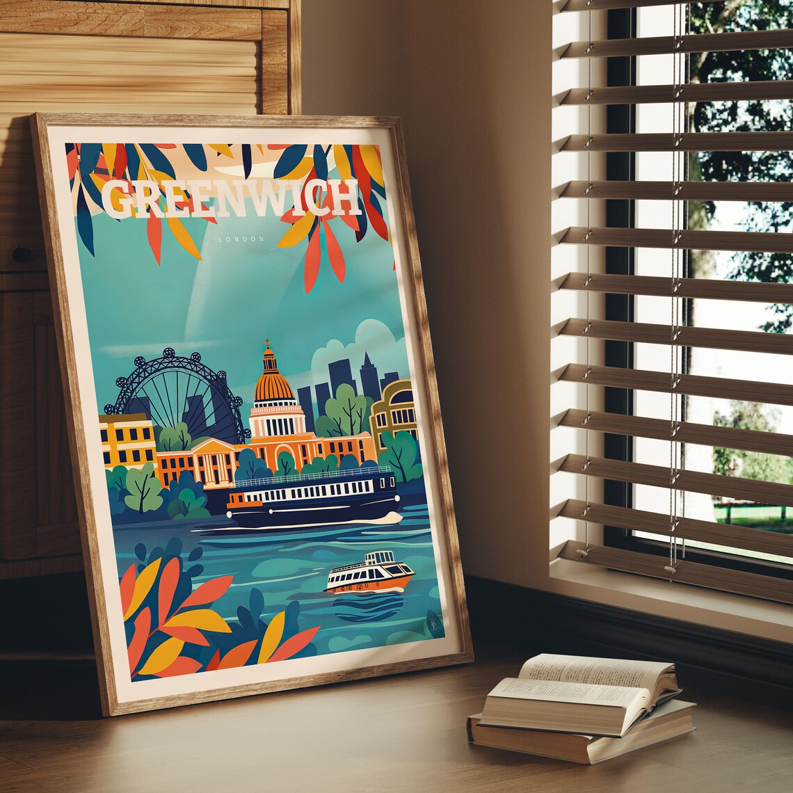 Greenwich London Eye Thames River Boats Bold Color Travel Poster - Image 3