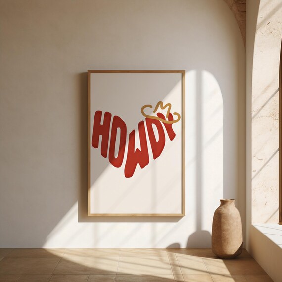 Howdy Western Typography Poster Bold Cowboy Hat Wall Art Fun Country Home Decor Southern Style Print Yeehaw