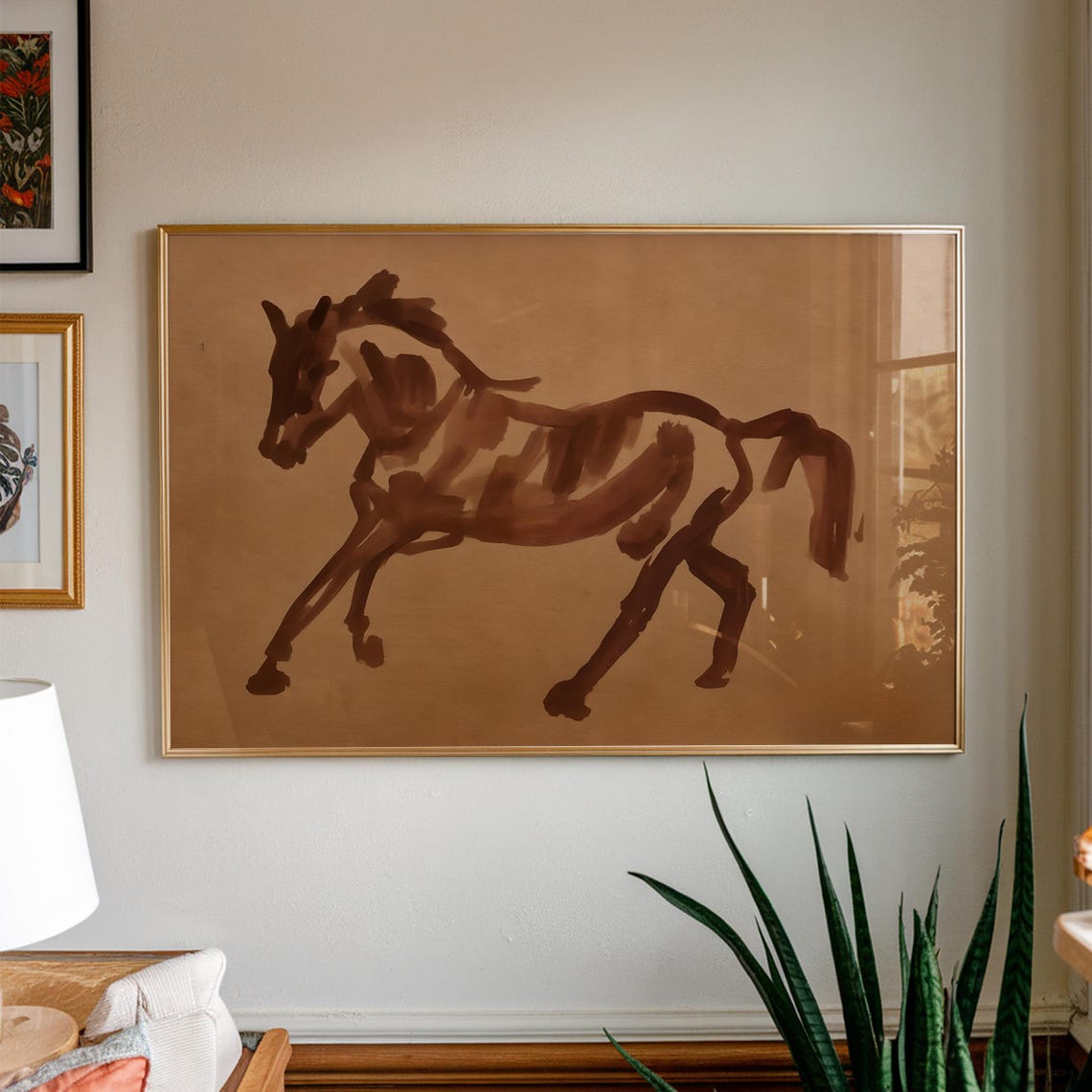 Expressive Galloping Brown Horse Minimal Brushstroke Art Poster