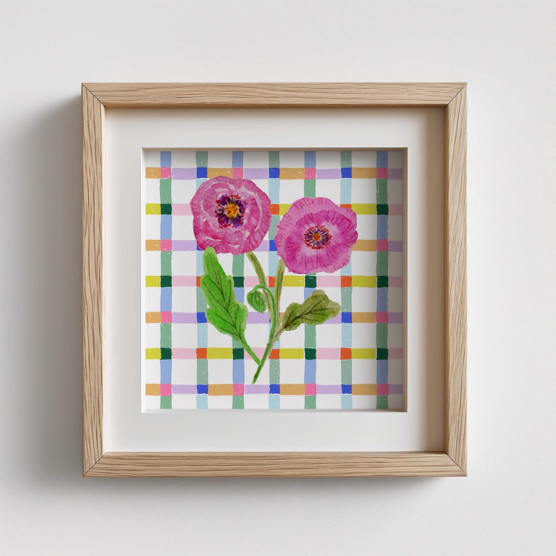 Two Pink Poppy Flowers Colorful Check Plaid Nursery Square Wall Art
