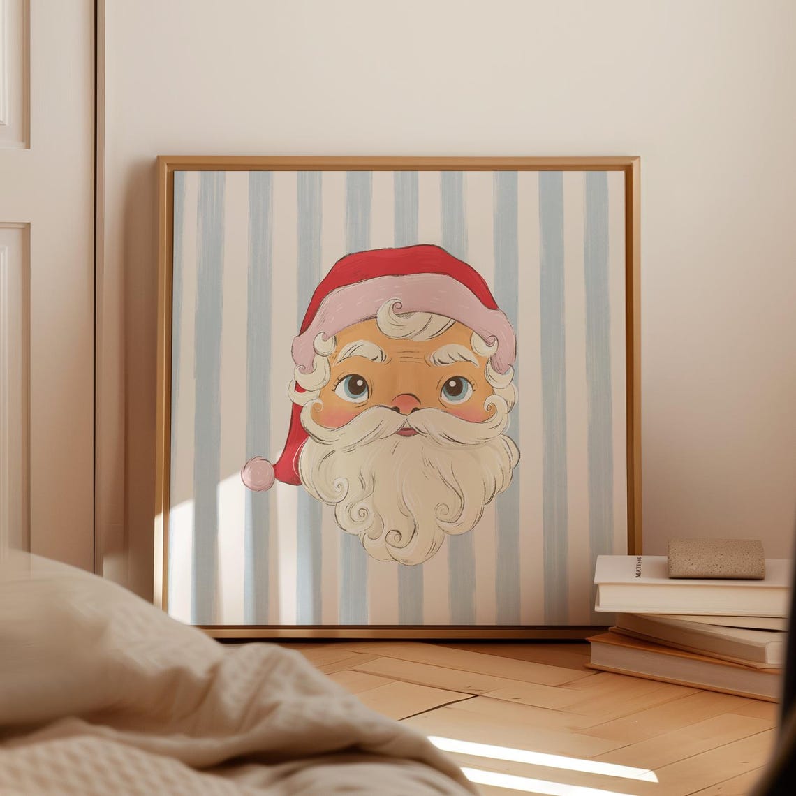 Whimsical Santa Claus Face Blue Striped Square Christmas Poster - Image 2