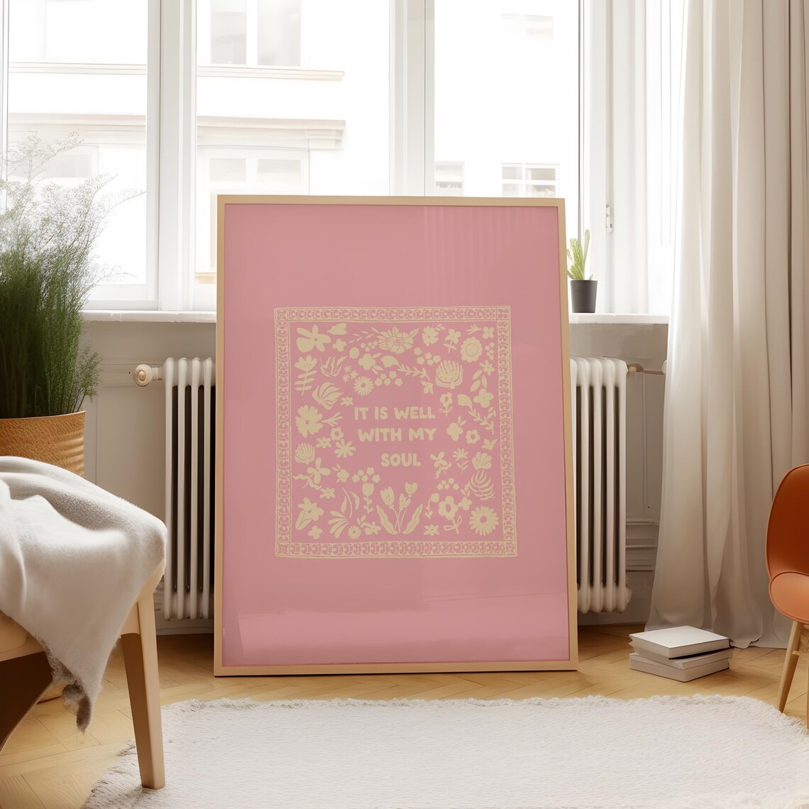 It Is Well With My Soul Cream Folk Quote Blush Pink Wall Art Print