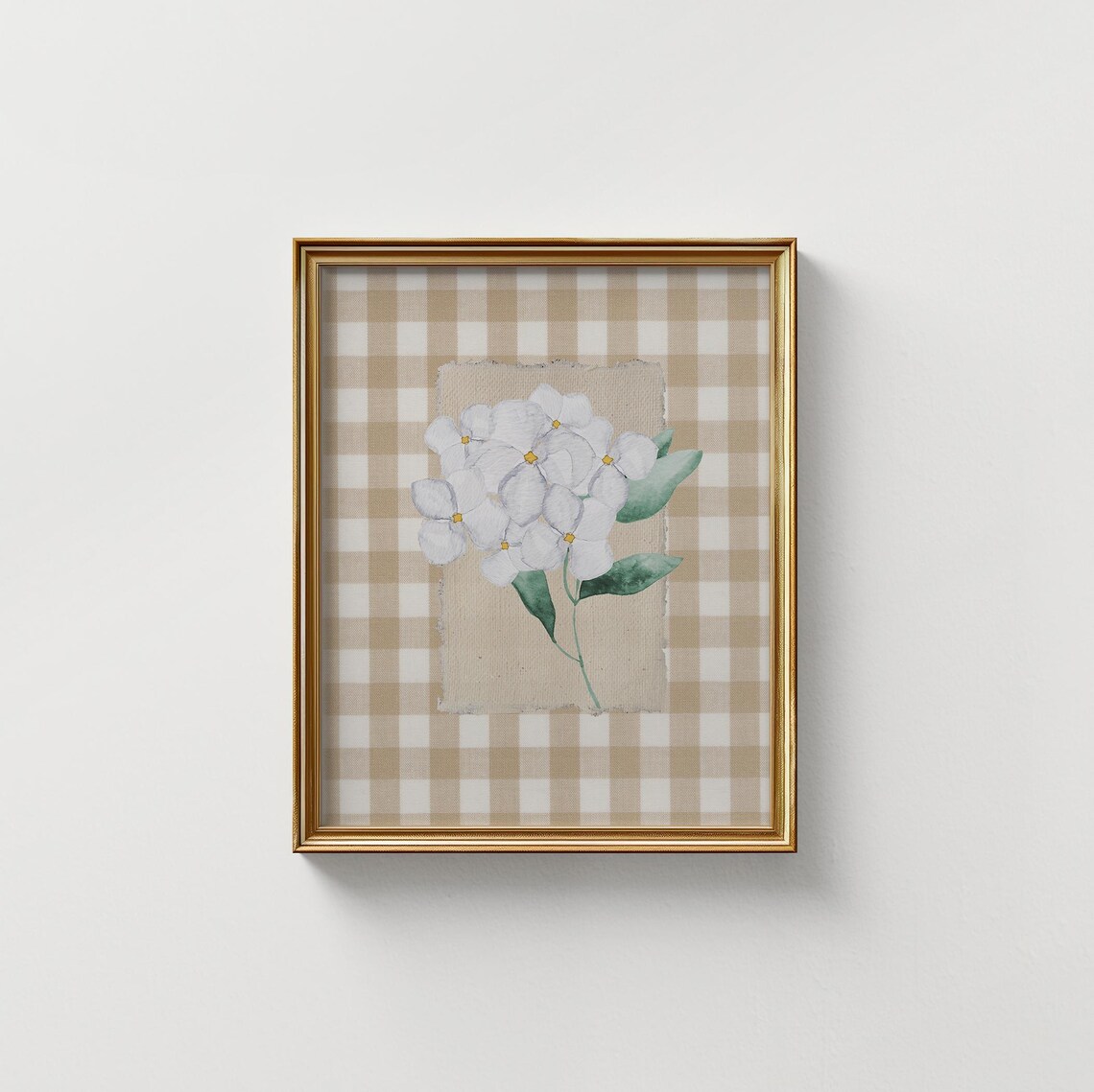 Mocha Gingham White Hydrangea Art Print, Vintage Floral - Image 3