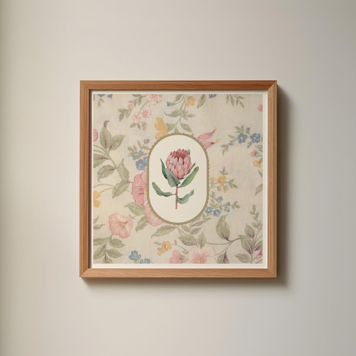 Vintage Protea Flower Oval Frame Fabric Floral Pattern Poster