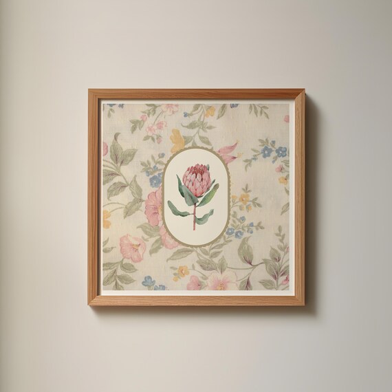 Vintage Protea Flower Oval Frame Fabric Floral Pattern Poster