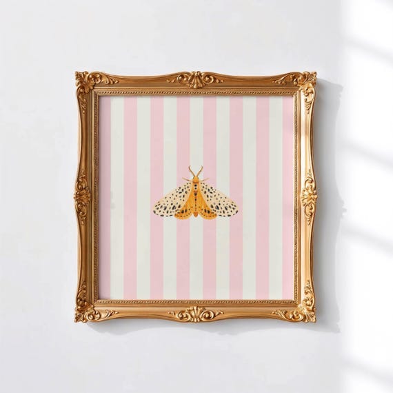 Pink Striped Moth Butterfly Print Wall Art Trendy Decor Botanical Illustration Living Room Art Cottage Nursery Decor